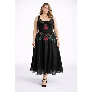 Eshakti Embroidery Sleeveless Tulle Shift Dress Black 2X-22W